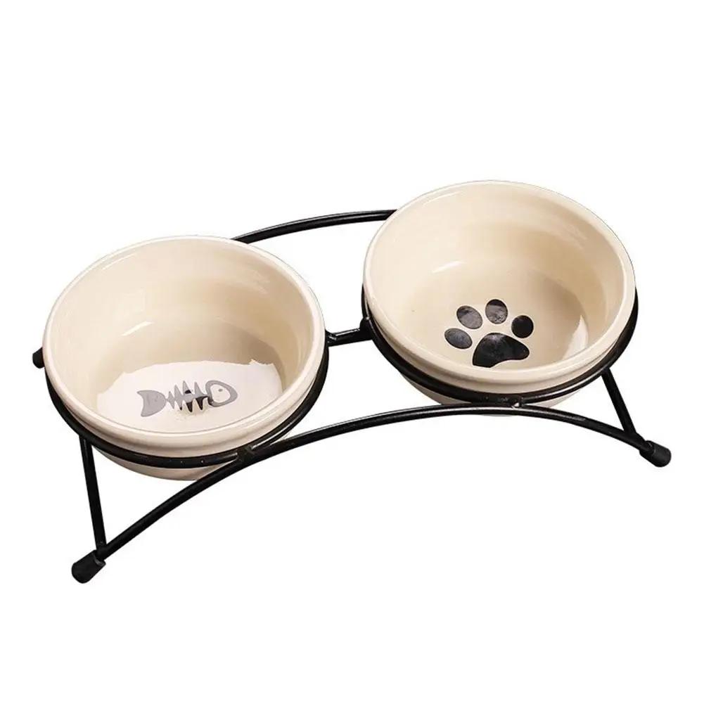 Pet Iron Frame Ceramic Double Bowl Protects Cervical Claw Bone Anti-slip Cat Black Fish Chin Vertebrae Bowl Prevents Cat Pa H4O8