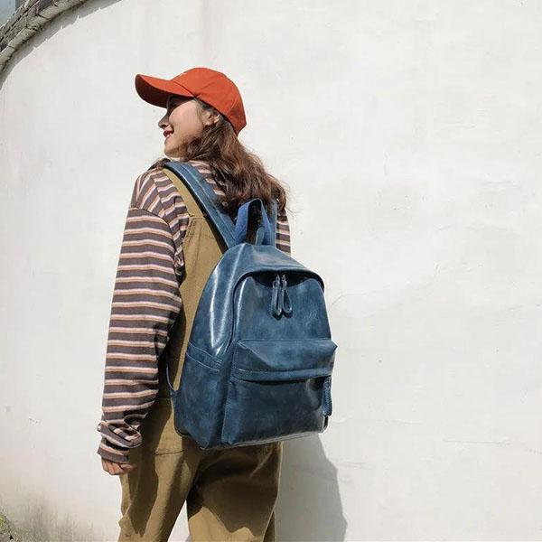 Women's Backpack Vintage Soft PU Backpack casual Anti-theft Shoulder Bag Solid Color School Backpack