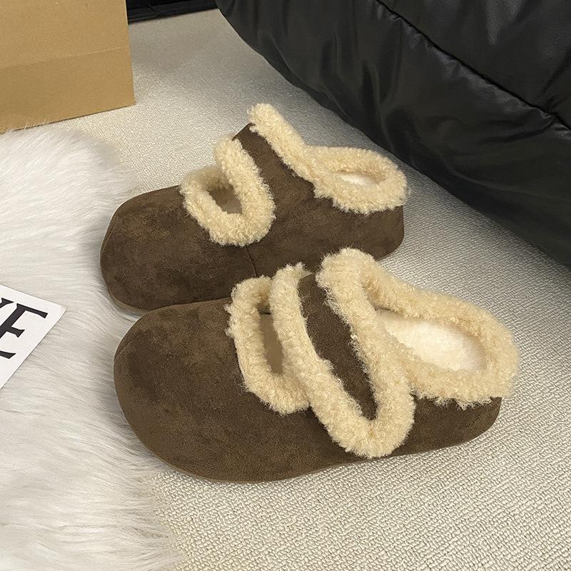 Retro Thick-bottomed Fluffy Slippers for Women's Outer Wear 2025 Winter Velvet Bag Head Half Mop Warm and Non-slip Inner Heightening Cotton Mop