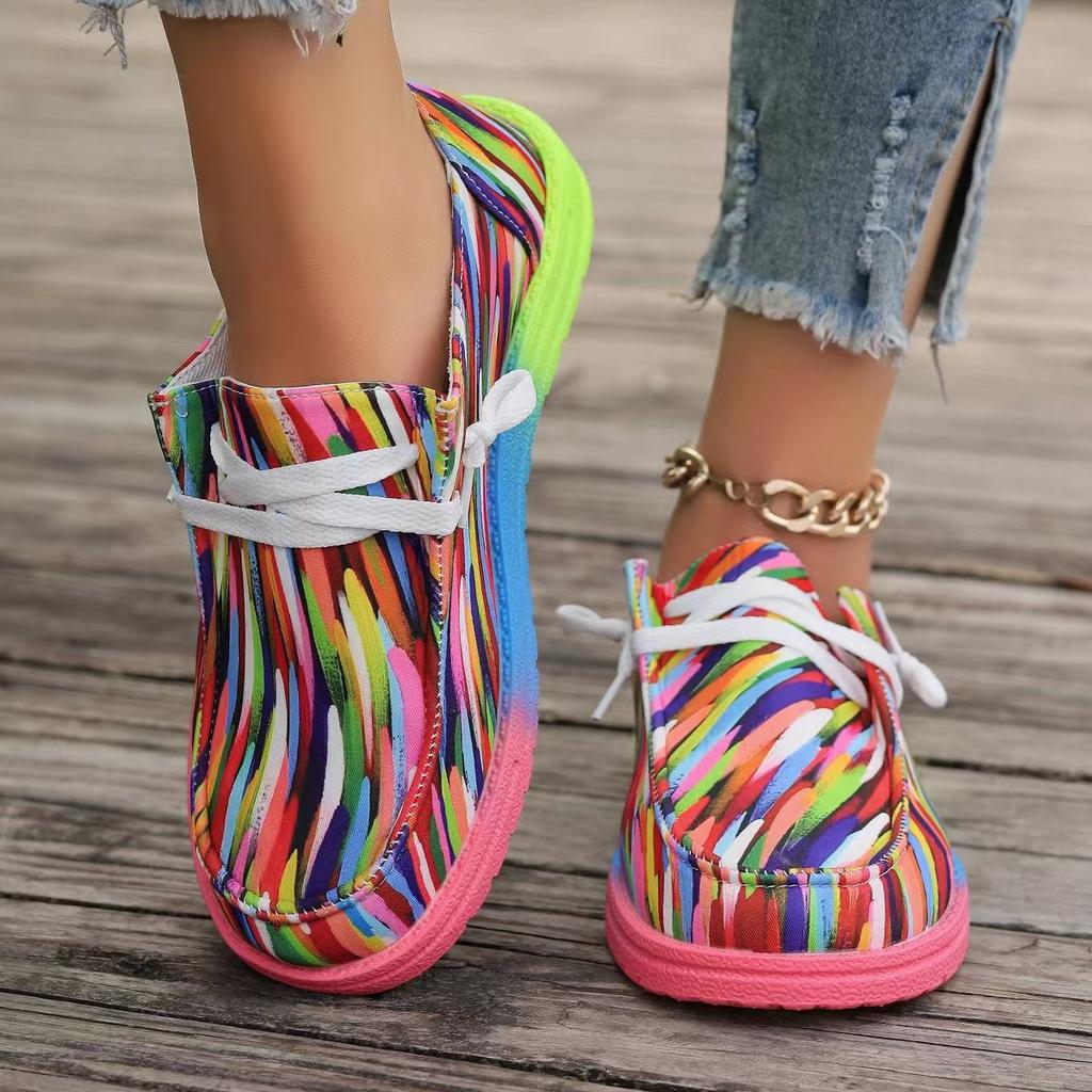 Fashion 2025 Women's Ethnic Rainbow Canvas Shoes Autumn New Round Headed Multi Color Printed Lace Up Casual Wear Women's Flat Shoes