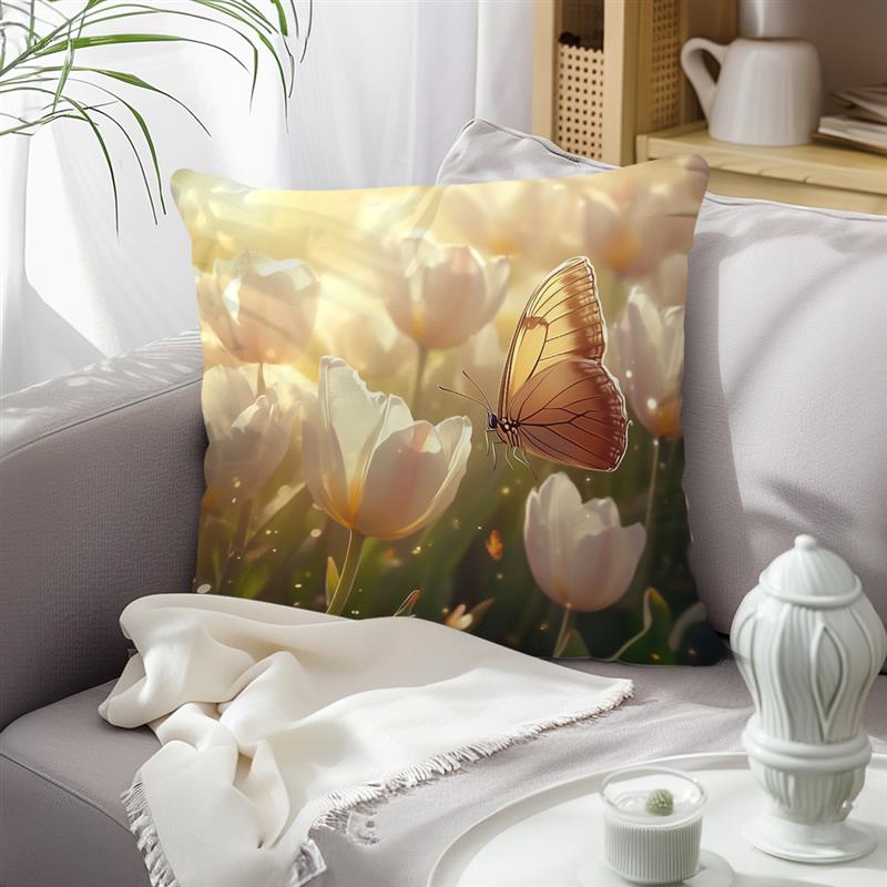 1Pc Butterfly And Tulips Pillow Cover For Home Living Room Bedroom Sofa Office Decorative Pillowcase Soft Throw Pillows 45X45Cm