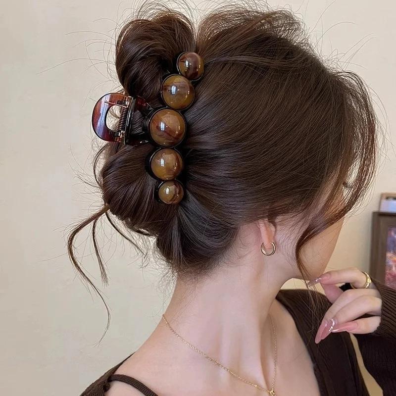 Brown Pearl Grip Clip Acrylic Coating Design Shark Clip Women's Back Hair Clip Hair Accessory, Festive Wedding Styling Tool