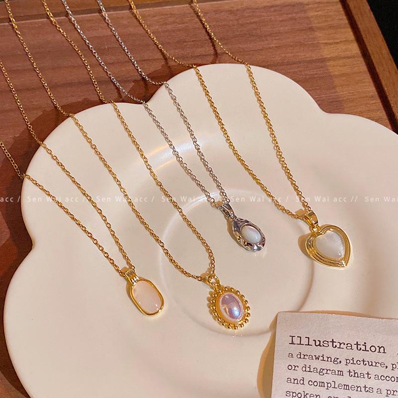Opal love titanium steel necklace women's collarbone chain neck chain accessories