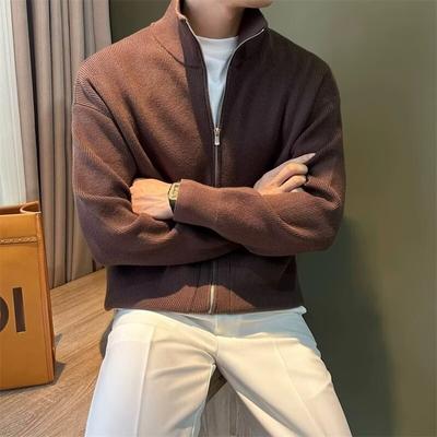 Cardigan pentru bărbați cu guler în picioare 2024, toamnă iarnă, jachetă din tricot de modă coreeană, pulovere pentru bărbați, cardigan cald cu fermoar