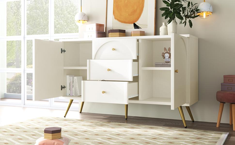 Chest of Drawers with 2 Doors and 3 Drawers, White Chest of Drawers, Adjustable Shelf, for Living Room Bedroom, Cream-White-H84/W140/D40 cm