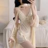 Creamy Crush: French Style Chest-Padded Sexy Sling Nightdress & Robe for Autumn/Winter