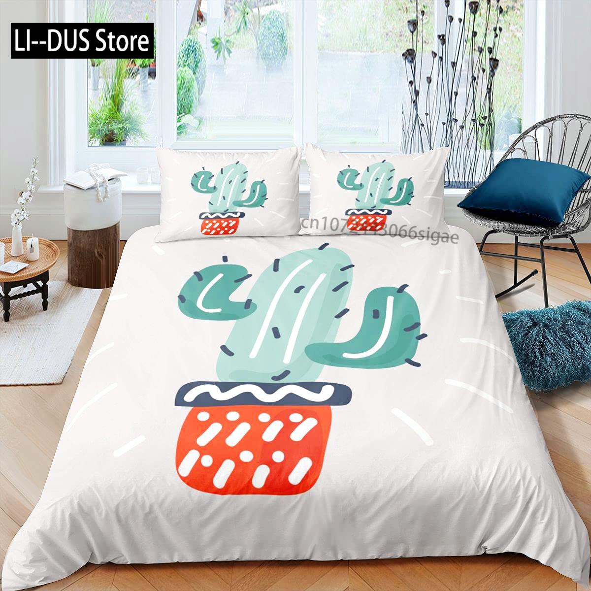 Different Succulent Plants Duvet Cover Set, Decorative 3 Pieces Bedding Set with 2 Pillow Shams, Queen Full Size, Multicolor 135x200cm