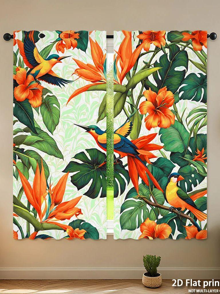 Piece Set High Definition Digital Printed Curtainstropicalfloralpatternbirdsorangegreenhome Decoration Style Curtain Made Of Polyester