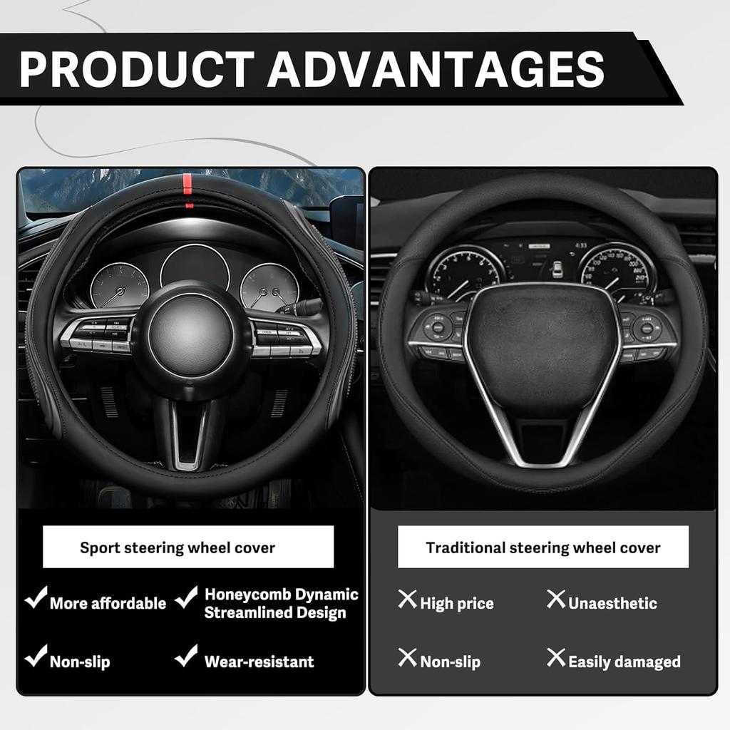 XCBYT Steering Wheel Cover - Black Leather Steering Wheel Wrap Great Grip With 3D Honeycomb Quick And Effortless Tallation Non-Slip Silicone Inner
