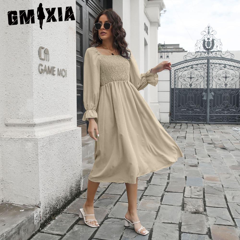 

GMXIA Женское платье миди весна-лето, расклешенные рукава, А-силуэт, квадратный воротник, высокая талия, однотонный цвет, S-XL XL бежевый