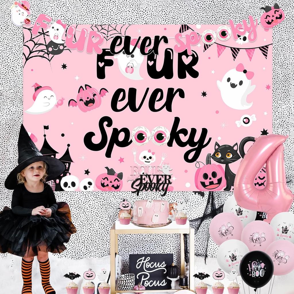 Halloween 4th Birthday Party Decoration for Girl Four Ever Spooky Birthday Backdrop Pink Four Ever Spooky Cake Cupcake Toppers Banner Number 4 Foil