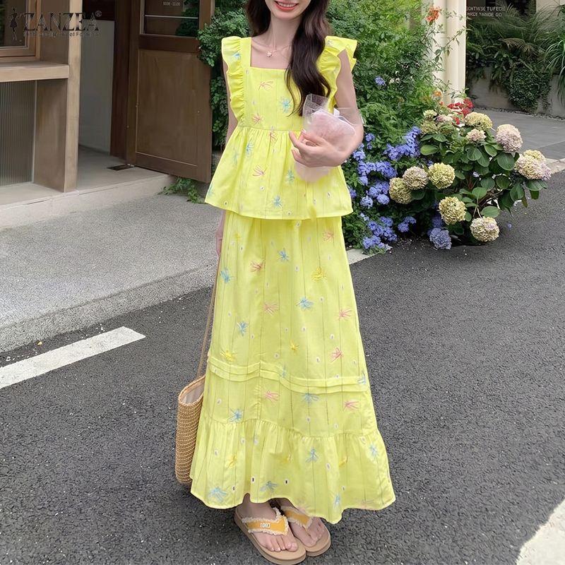 ZANZEA Women Sleeveless Tank Tops and Long Skirts Casual Two Piece Suit Sets