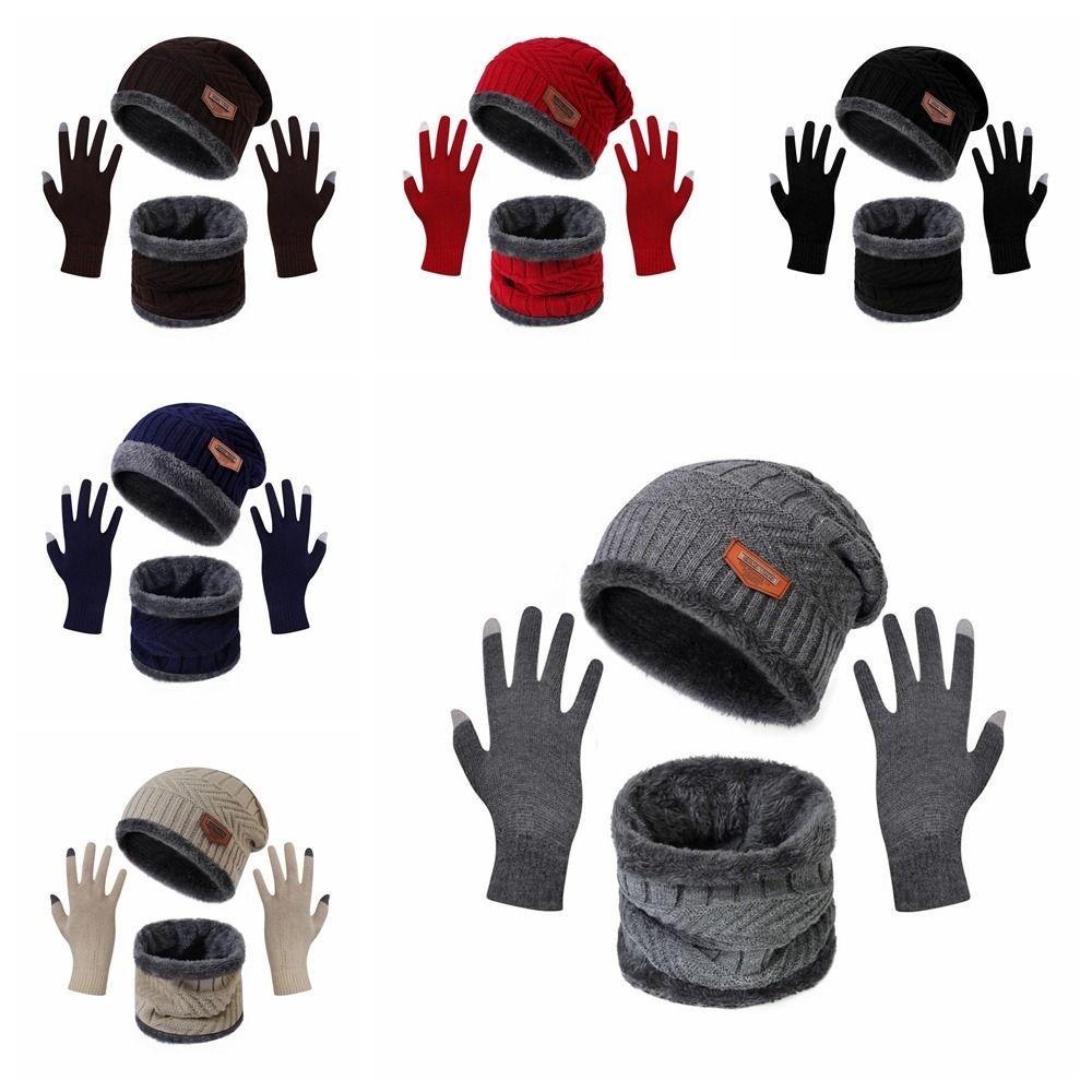 4pcs/set Soft Winter Beanie Hat Scarf Set Thicken Fleece Lined Thermal Knitted Gloves Thermal Protection Cap Warm Wool Hat