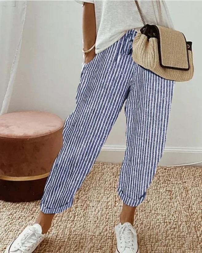 Women's Summer Fashionable Loose Stripe Printed Elastic Waist Drawstring Casual Pants