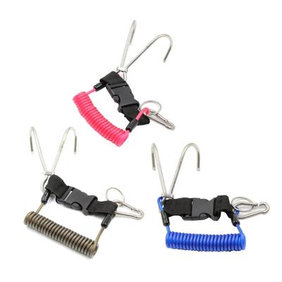 Spring Rope Reef Double Hook Stainless Steel Scubas Diving Reef Hook with Spiral Coil Lanyard & Quick Release Buckle