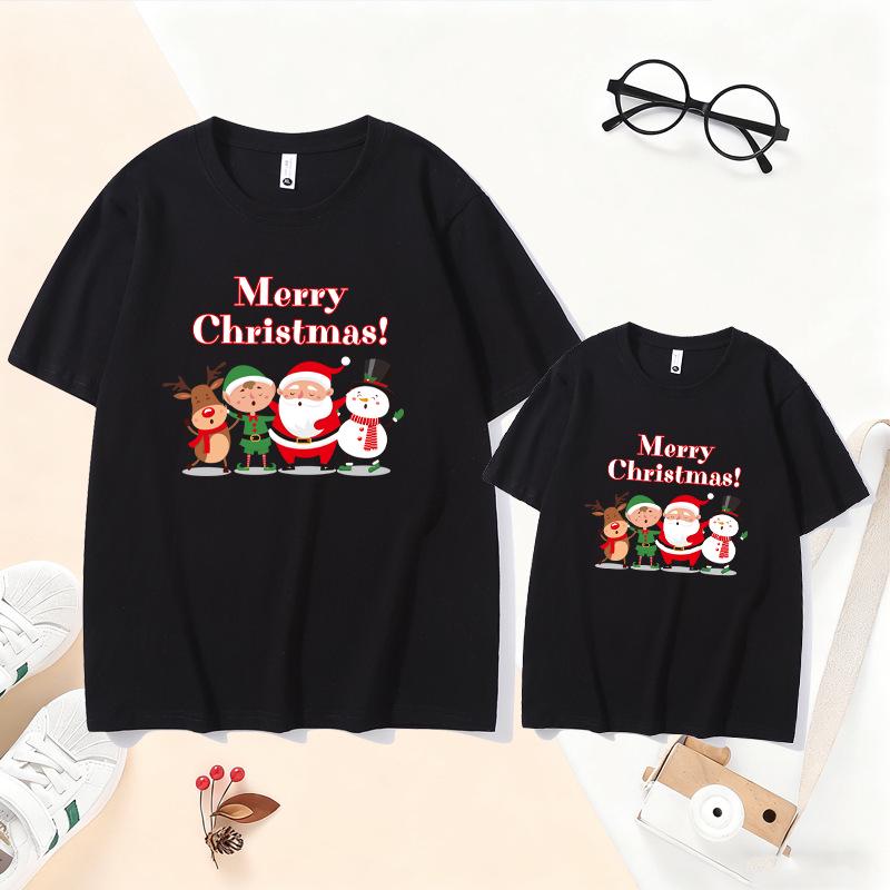 2026 Christmas Parent-Child T-Shirt - Santa & Reindeer Design for Families of 3-4, Pure Cotton, Short-Sleeve