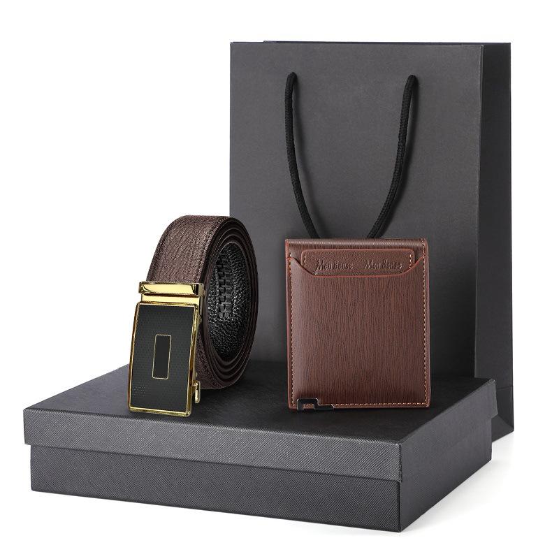 

Water ripple brown belt wallet set gift box men s business gift genuine leather belt 125cm