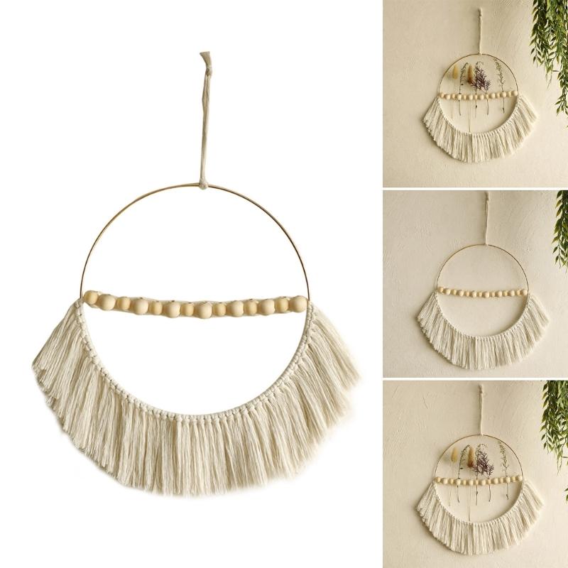 Elegant Handmade Macrames Tassels Wall Hanging Decors Large Round Frame Wood Beads Wall Ornament for Home Aesthetic