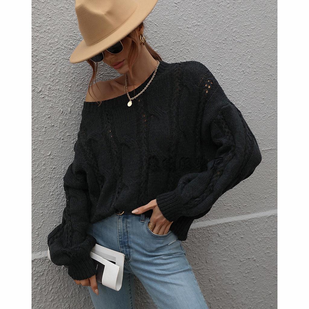 Autumn and winter new sweater twisted rope solid color loose large size crew neck knitted sweater women