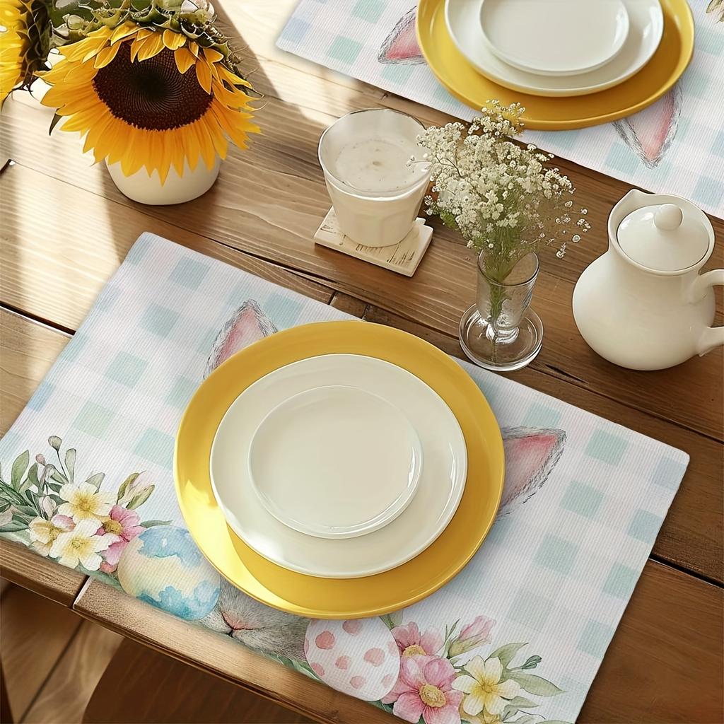 4Pcs, Easter Egg Floral Rabbit Placemats, Washable, Suitable for Holiday Parties, Home Decoration