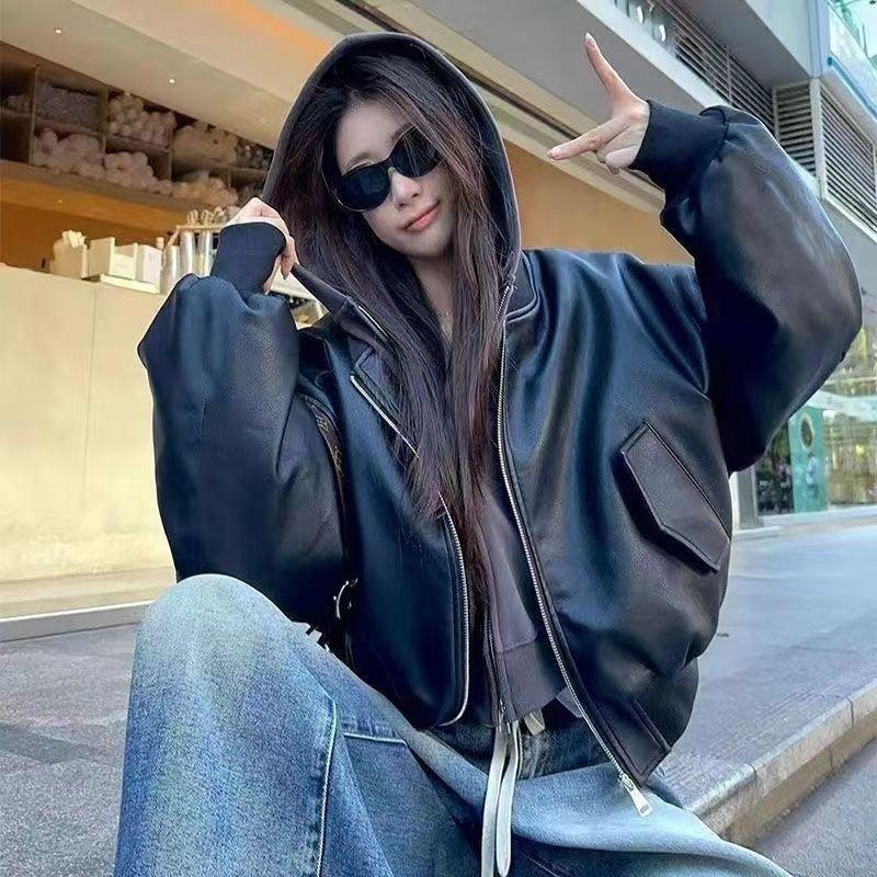 Black Zipper Short Long-sleeved Baseball Jacket Leather Jacket for Women Autumn and Winter New Retro Loose Motorcycle Jacket