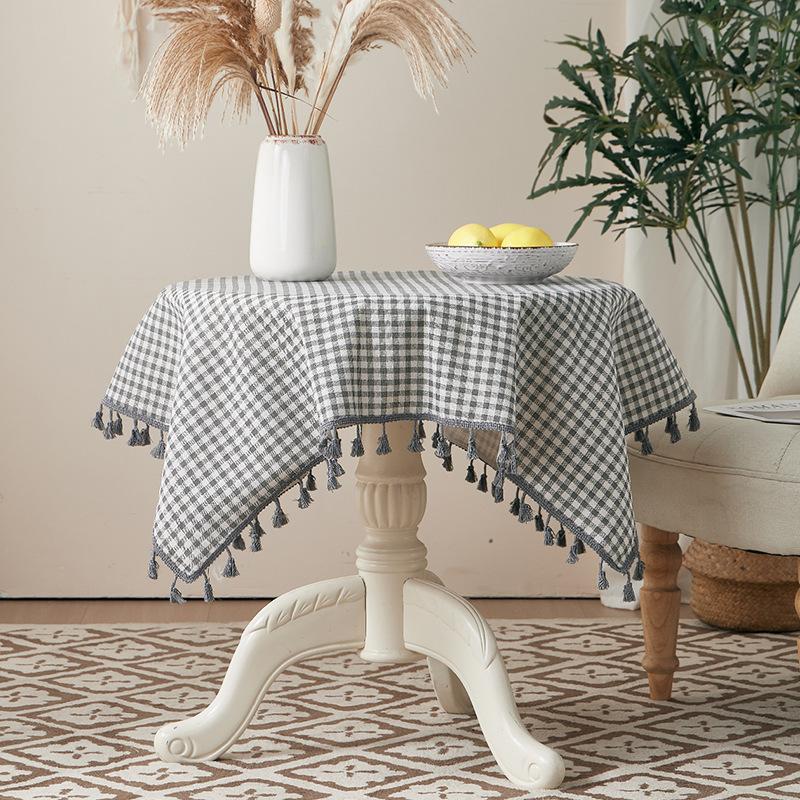 Cotton And Linen Small Fresh Navy Blue Small Flower Round Tablecloth Household Living Room Homestay Decoration Fringed Tablecloth