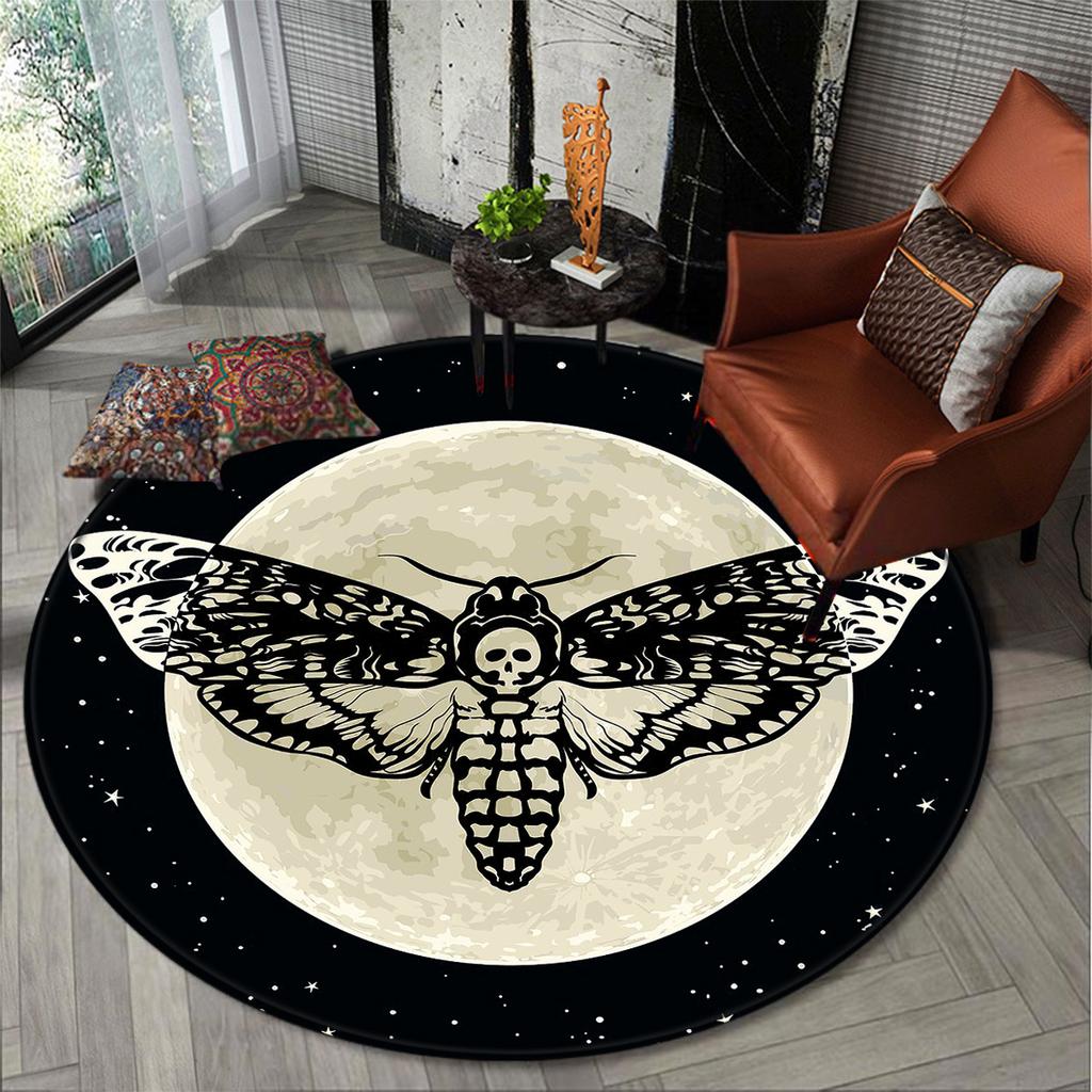 Gothic Death Moth Moon Round Rug - Washable Anti-Slip Doormat for Home, Hotel, Living Room and Entryway Decor