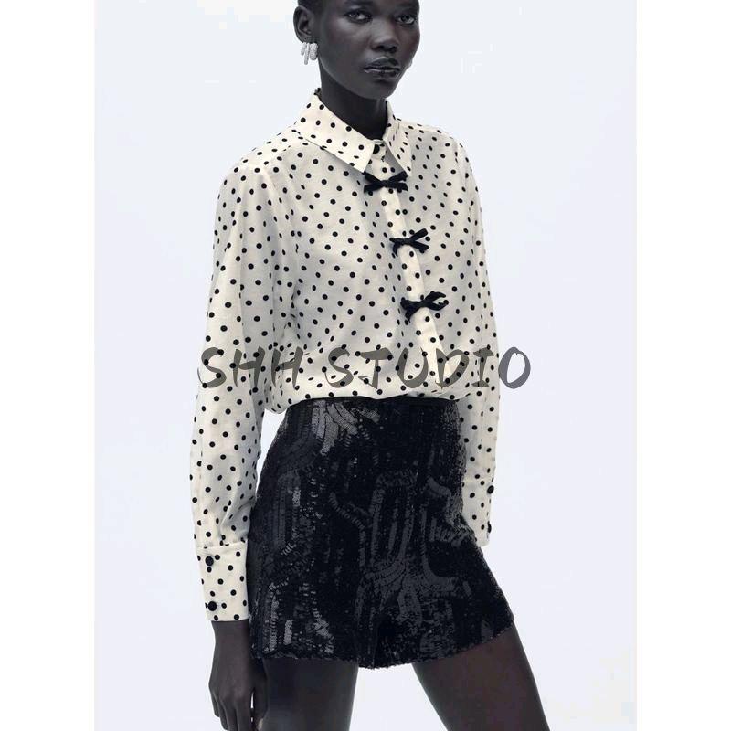 Spring New Dot Bowknot Decoration Long sleeve Lapel Shirts 2136493 2136623 2136575