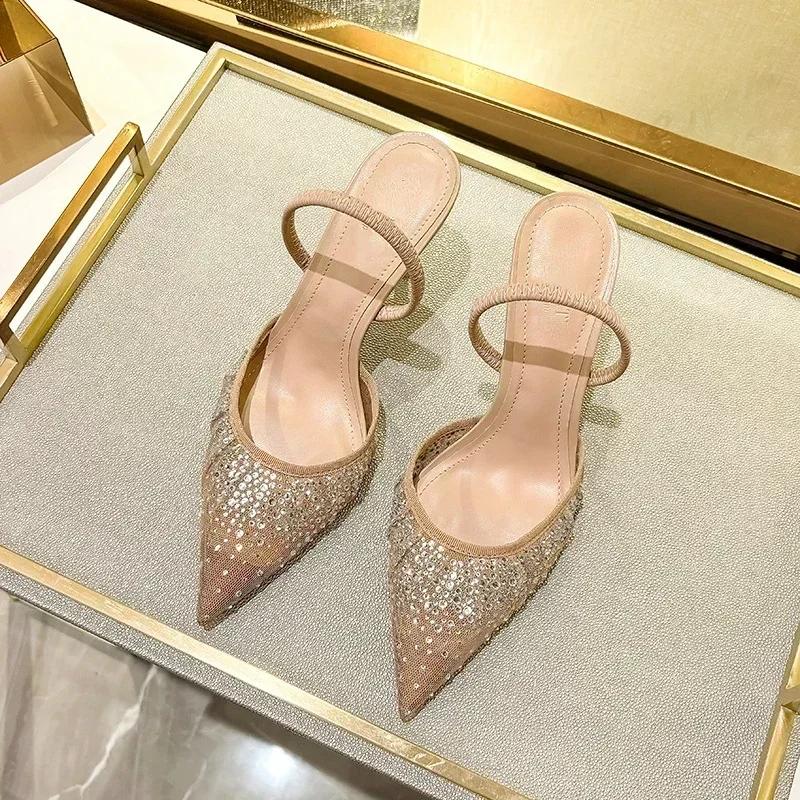 Fashion Summer Shiny Rhinestone Mesh Heeled Sandals Women Luxury Women Pumps Sexy Pointed Toe Slingbacks High Heels Elegant Dress Shoe