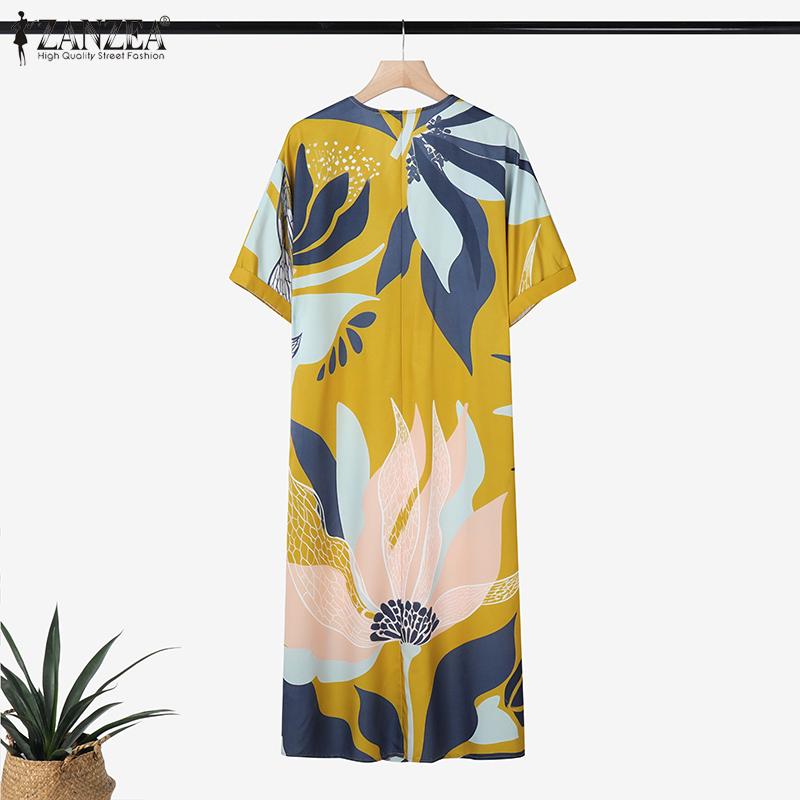 ZANZEA Women Casual V-Neck Short Sleeve Loose Print Summer Dress