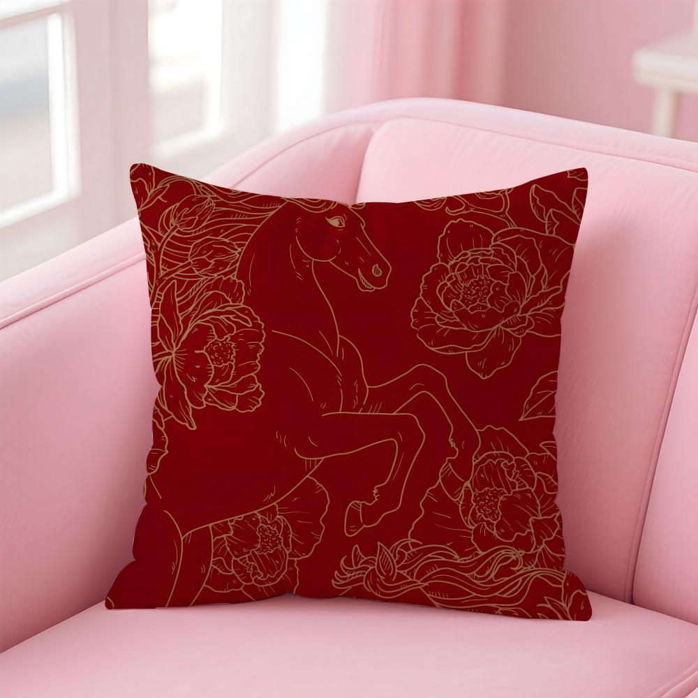 Lucky Chinese New Year red horse art  Cushion Cover Pillowcase Short Plush Invisible zipper Room Sofa Cushion Cover