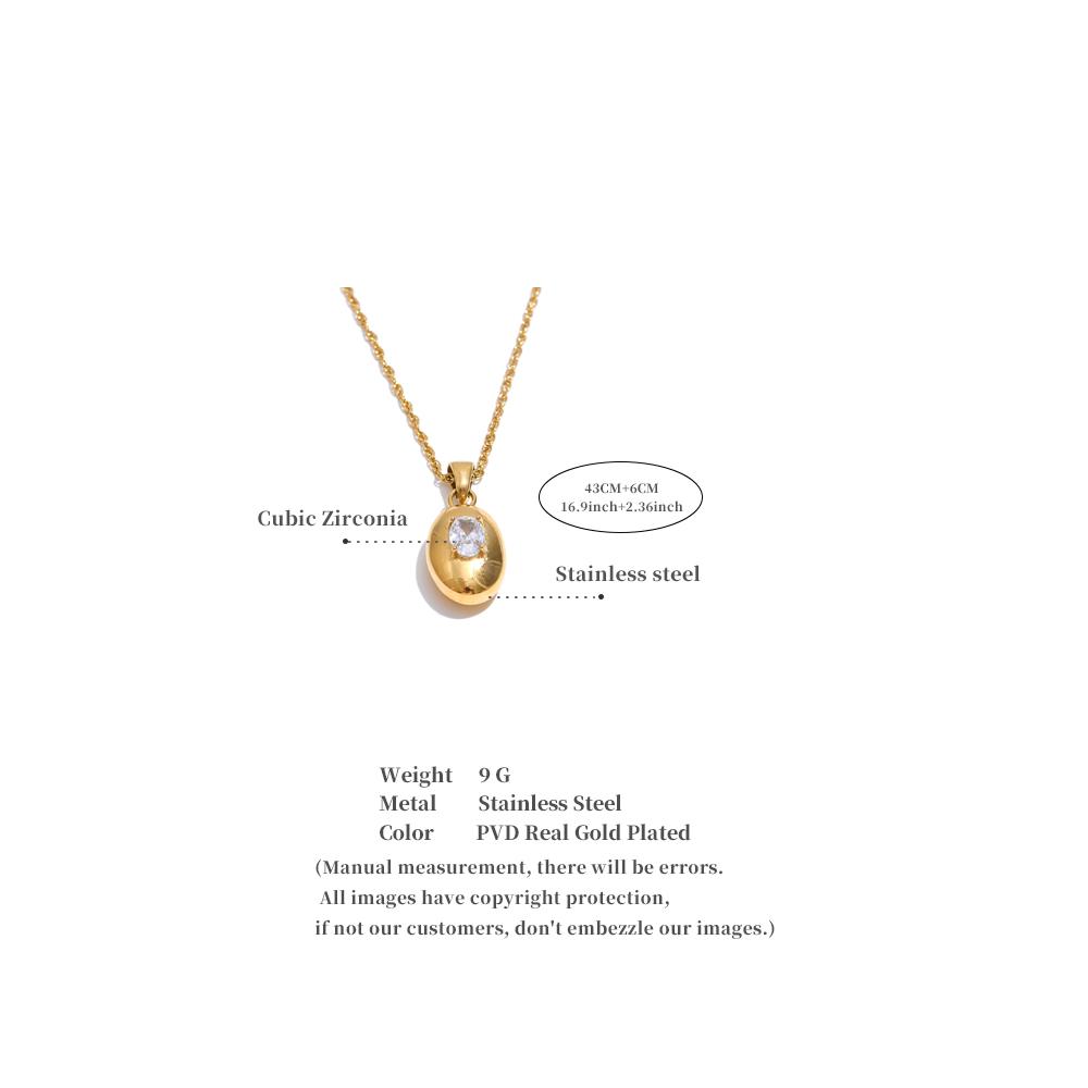 Yhpup Stainless Steel Cubic Zirconia Solid Metal Oval Pendant Necklace Tarnish Resistant Popular Jewelry Gift