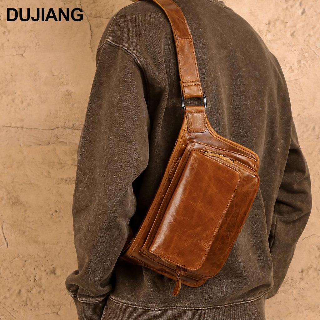 Men's Vintage Leather Crossbody Chest Bag - Casual Commuter Waist Bag
