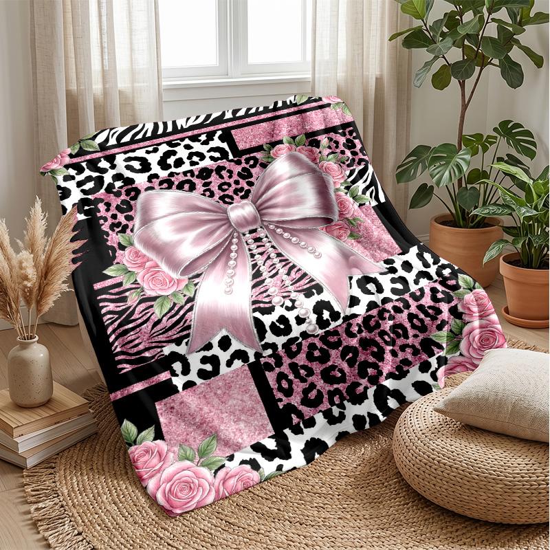 Pink Roses and Bow 4 Theme blanket Lightweight Warm Flannel Blanket Decorative Throw Blanket for Home Decoration
