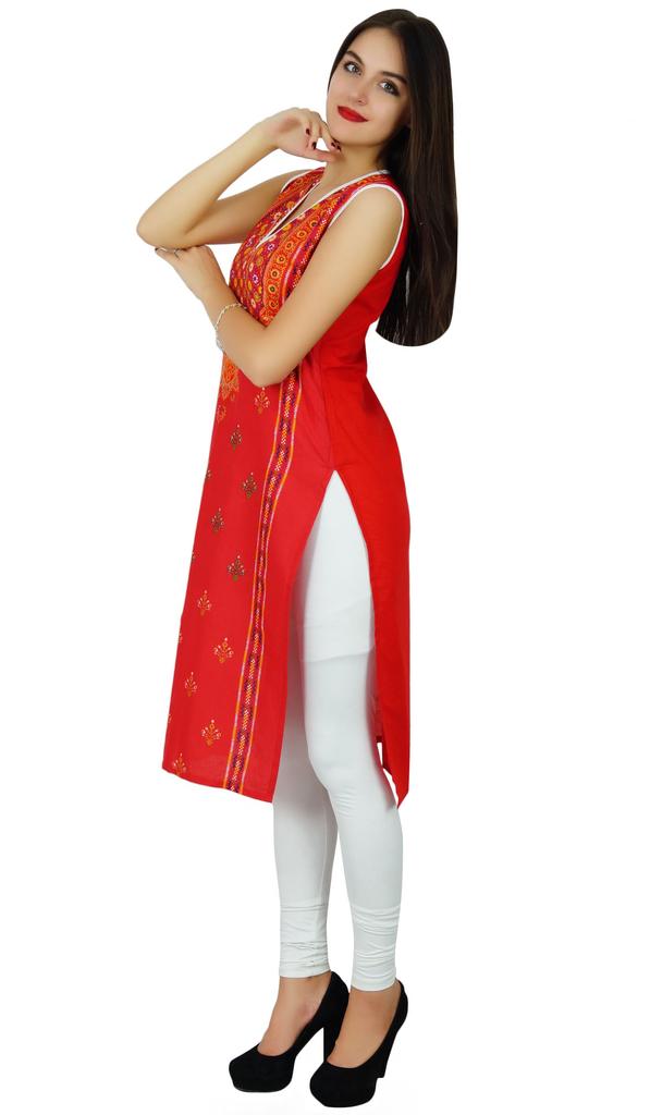 Bimba Womens Sleeveless Straight Cotton Kurta Printed Kurti Indian Summer