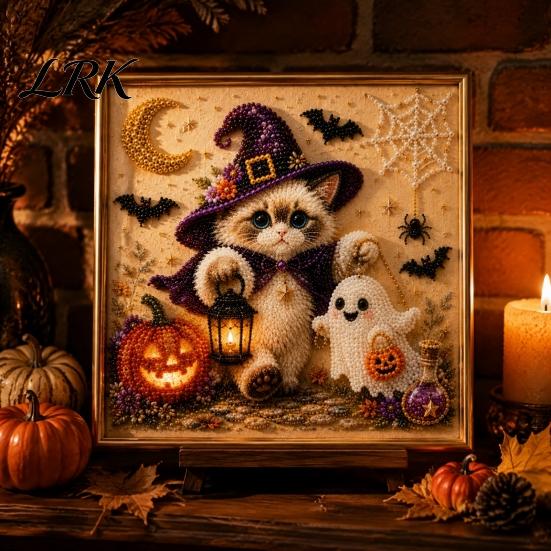 Halloween Home Decorations Witch Hat Cat DIY 3D Pearl Painting Kit with Frame, Hand-Pasted Art Craft for Adults, Relaxing Personalized Gifts