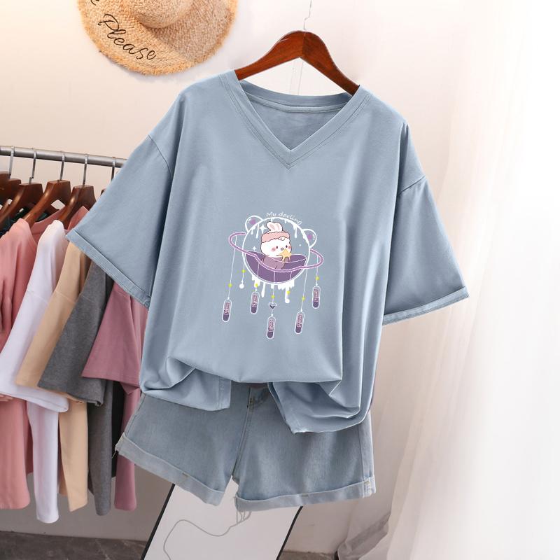 Short-sleeved T-shirt, Loose-fitting, Slimming Printed V-neck Top for Women