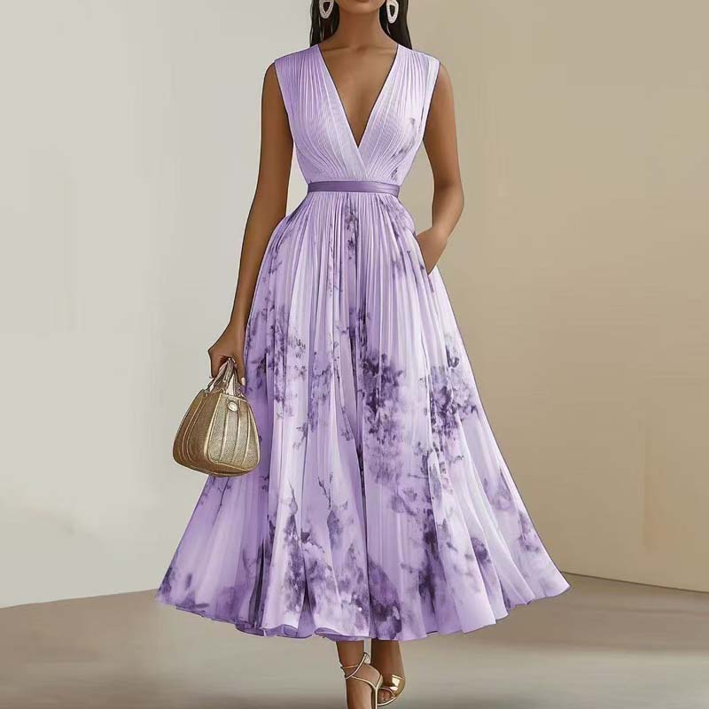 Women V Neck Sleeveless Party Draped Maxi Dresses Vintage Elegant Office Floral A-line Dress For Women Lady Chic Evening Gown