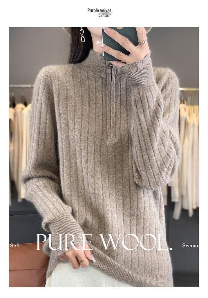 Women's Heavy-Duty Half-Zip Cable Knit Wool Sweater - Warm, Thickened Stand Collar for Autumn & Winter