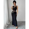 Women Solid Metal Hollow Textured Sleeveless Top Hip Wrap Long Skirt Two Piece Set