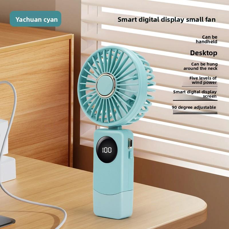 Smart Digital Display Small Fan, Earth Color Card, Portable Handheld Small Fan, 5-speed Strong Wind, Neck-mounted Small Fan
