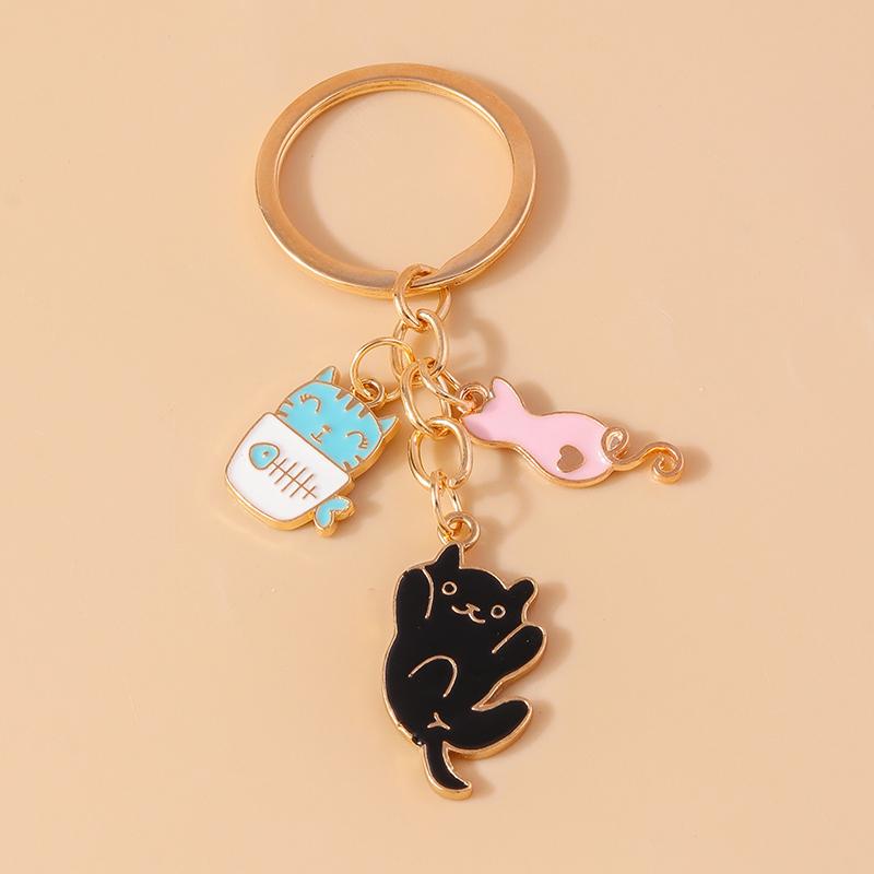 Lovely Enamel Cartoon Cat Keychain Animal Key Ring Pendants for Women Girls Handbag Decor DIY Jewelry Accessories Gifts