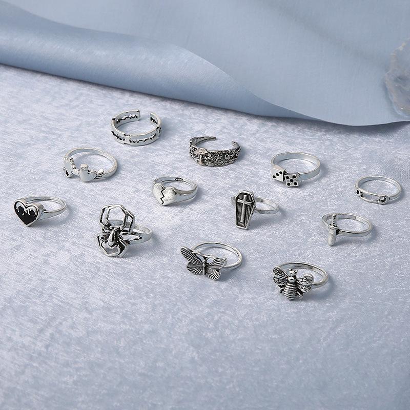 Retro Love Dripping Oil Cross Butterfly Opening Mushroom Spider Ring 12-piece Set for Women