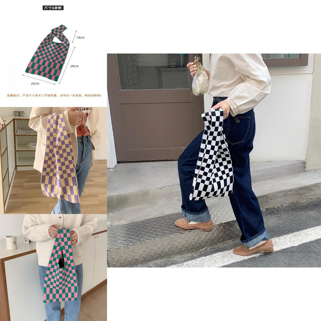 Stylish And Versatile Knitted Checkered Tote Bag With Large Capacity For Daily Use
