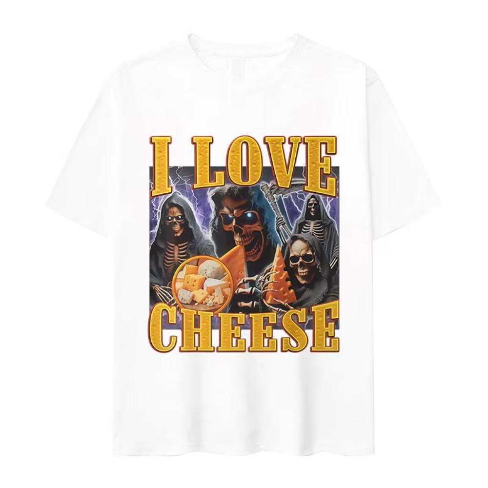 Ich liebe Käse Lustiges Skelett Meme Grafik T-Shirt Herren Vintage Übergroßes Kurzarm-T-Shirt Mode Baumwoll-T-Shirt
