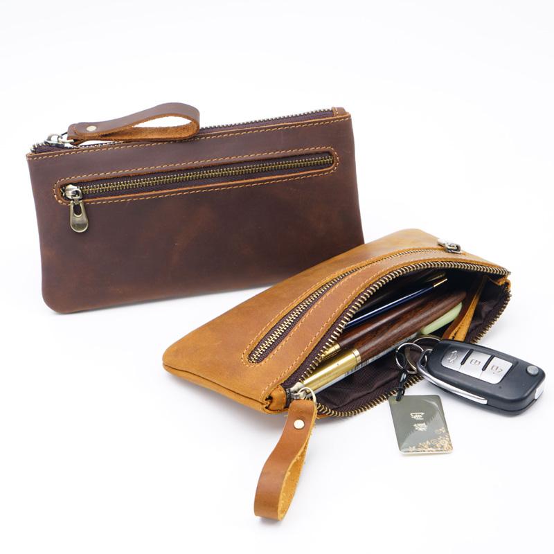 Fromthenon Retro Crazy Horse Leather Zipper Pen Bag Portable Large Capacity Pen Case Pencil Bag Teacher Bag Vintage Stationery