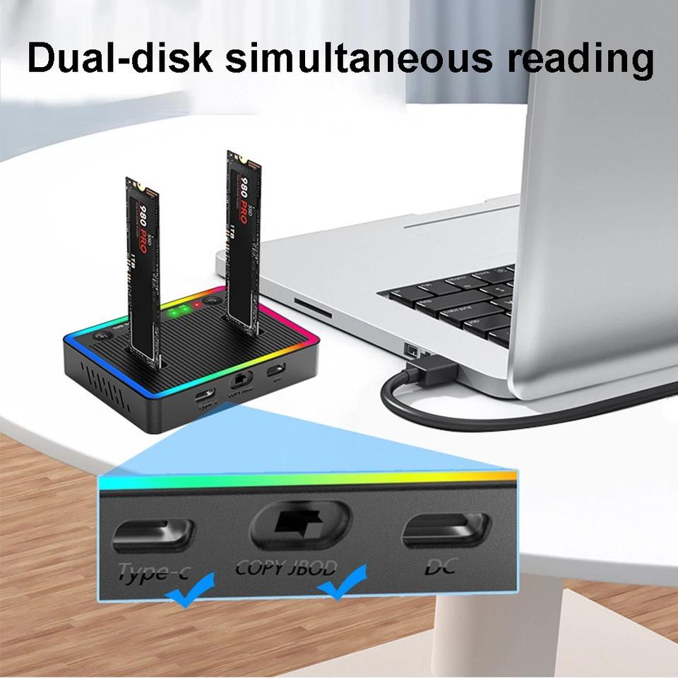M.2 NVMe/SATA Dual-Bay Hard Drive Docking Station Offline Clone Hard Disk M.2 SSD Duplicator USB3.2 GEN2 SSD Adapter Enclosure