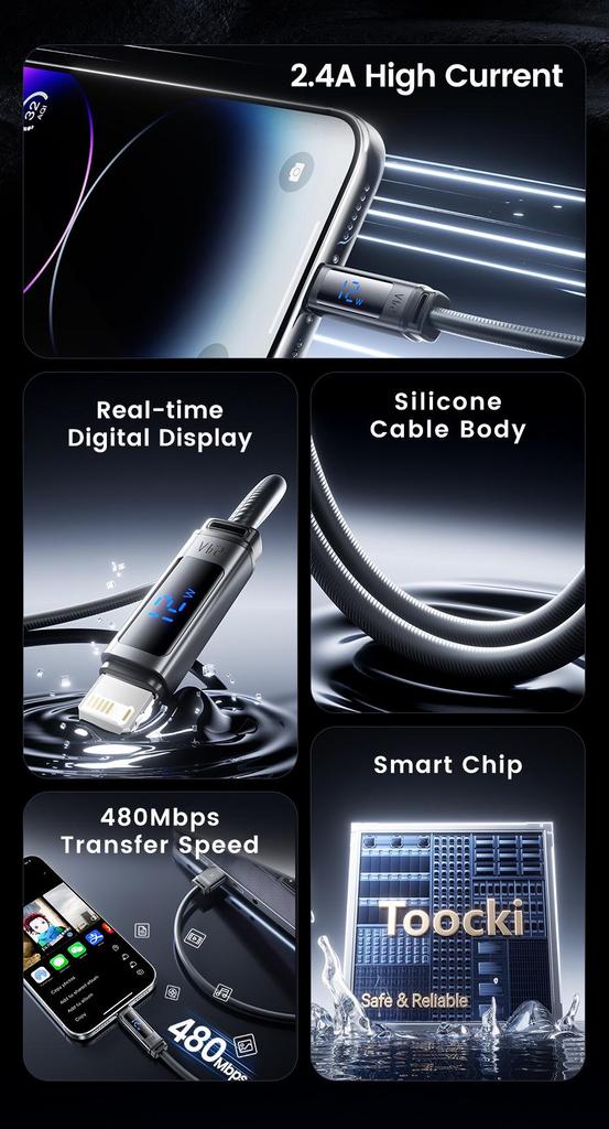 Tookci 2.4A Fast Charging Silicone Data Cable with Digital Display for iPhone 14/13/12