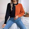 Women S Casual Color Block Round Neck Long Sleeve Pullover Sweater