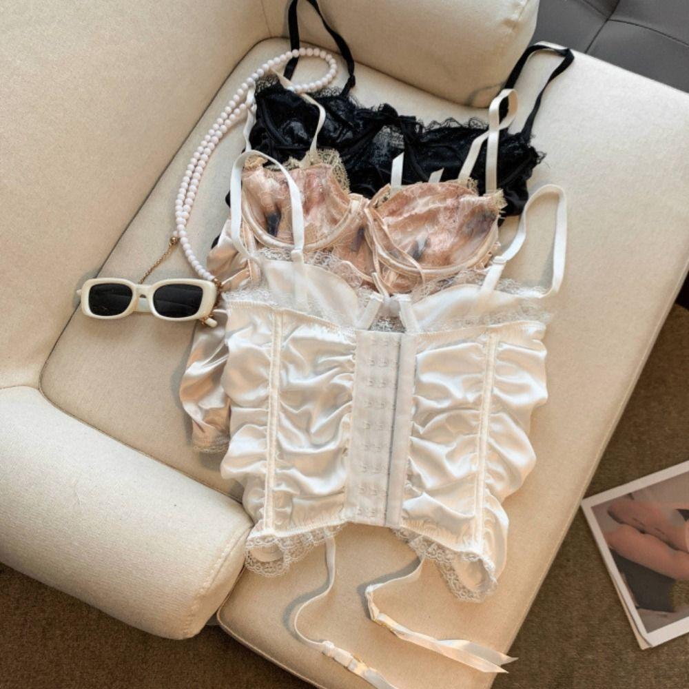 Sleeveless Lace Flower Camisole Mesh Transparent Suspender Vest Satin Lace-up Corset Travel